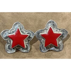 Vintage Mexico Chunky Sterling Silver  Red Onyx Star Inlay Silverwork Earrings
